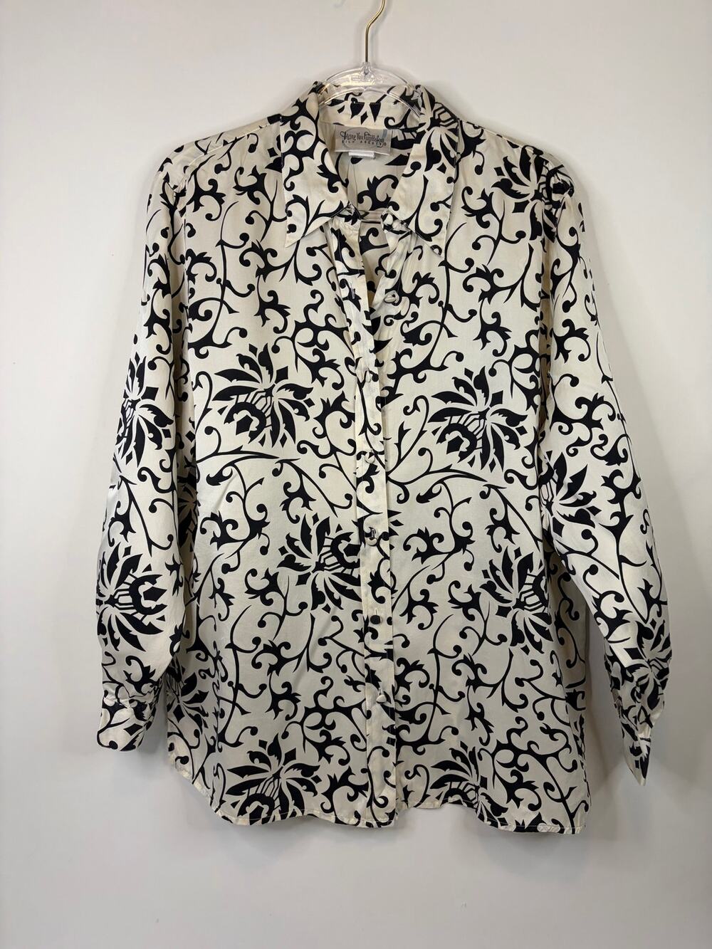 Diane Von Furstenberg Silk Assets Cream Black Printed Blouse Size Medium (flaw)